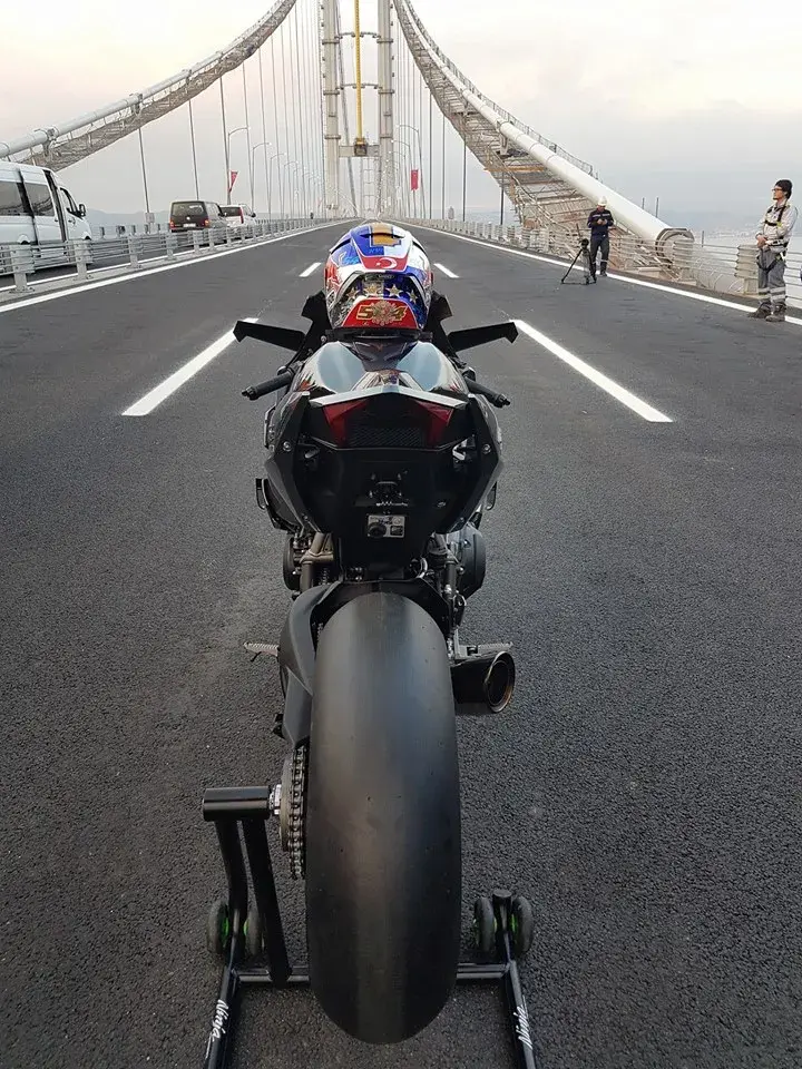 Turkish racer Kenan Sofuoglu on the Osman Gazi Bridge