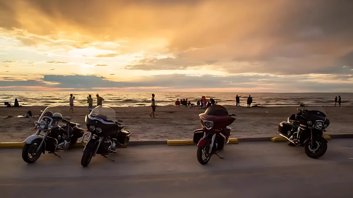 motorcycle convoy coastal sunrise road